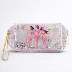 KPOP Sequin Cosmetic Wristlet Pouch Pink Plaid Makeup Bag Zip Clutch NWT